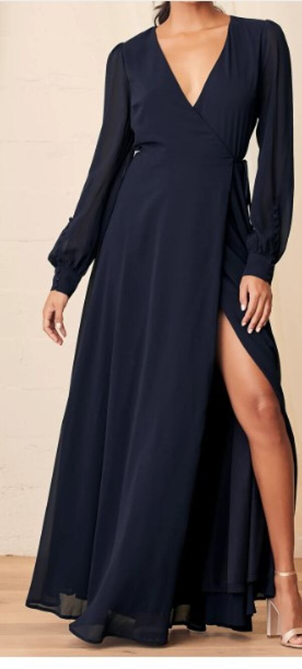LULU'S L My Whole Heart Dark Navy Blue Long Sleeve Wrap Dress NEW B53